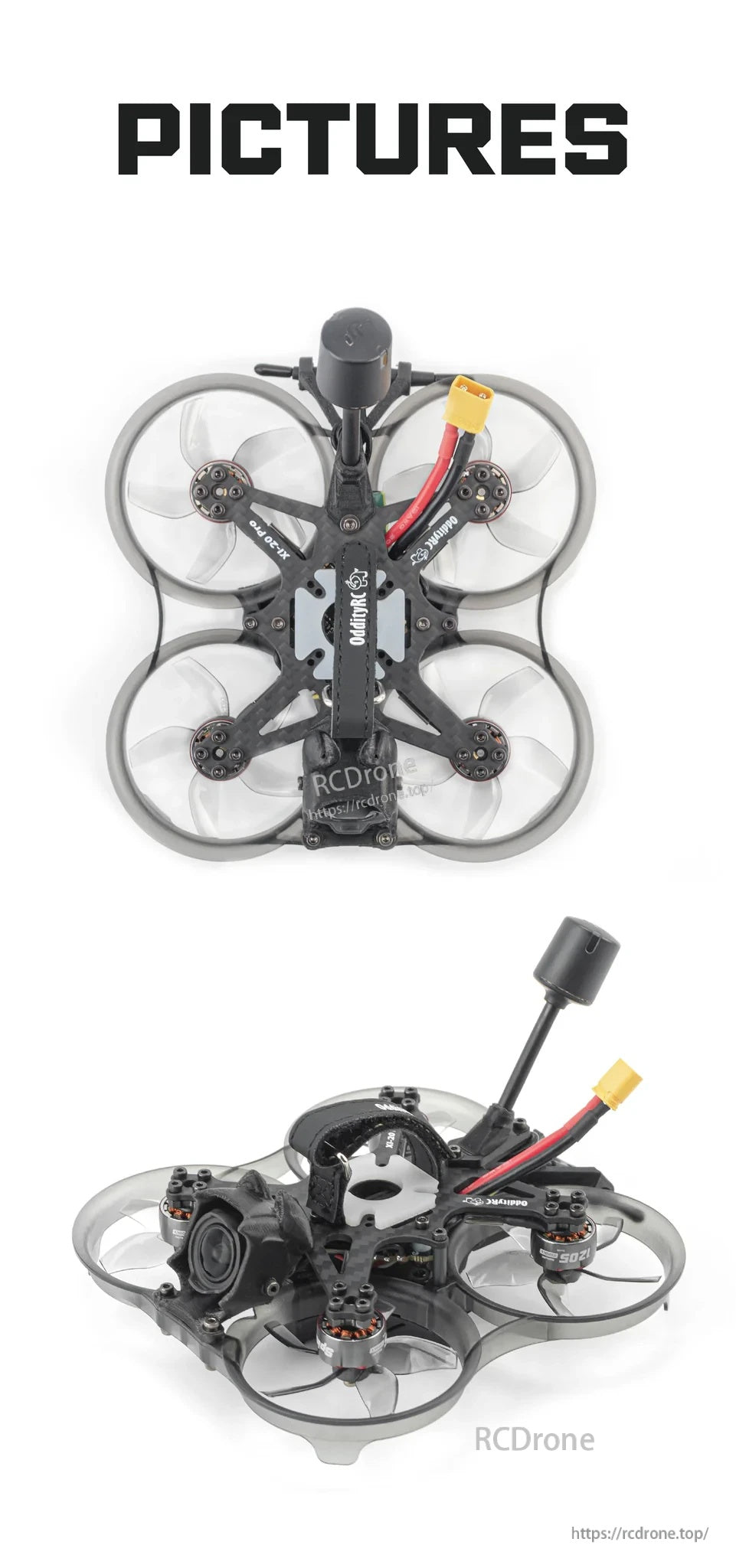 Top and three-quarter views of OddityRC XI20 Pro HD O3 Version 4S 2-inch cinewhoop frame with ducts