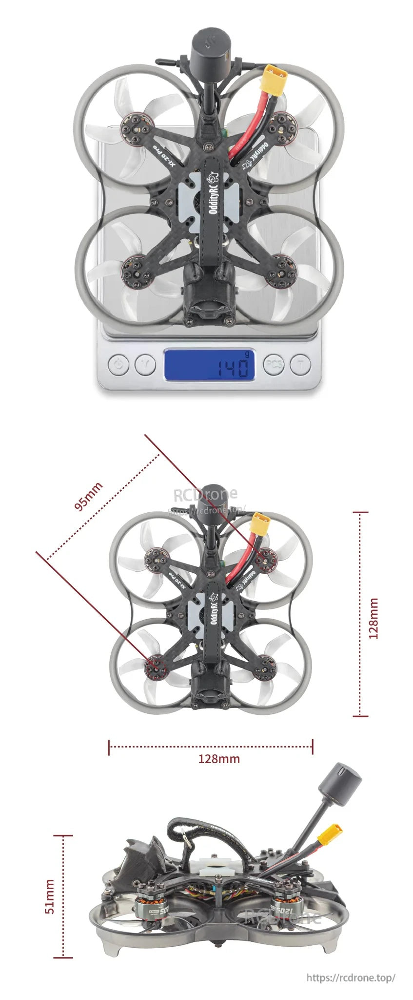 Scale weight and dimension diagram of XI20 Pro HD O3 Version: 140 g, 128×128×51 mm, 95 mm wheelbase