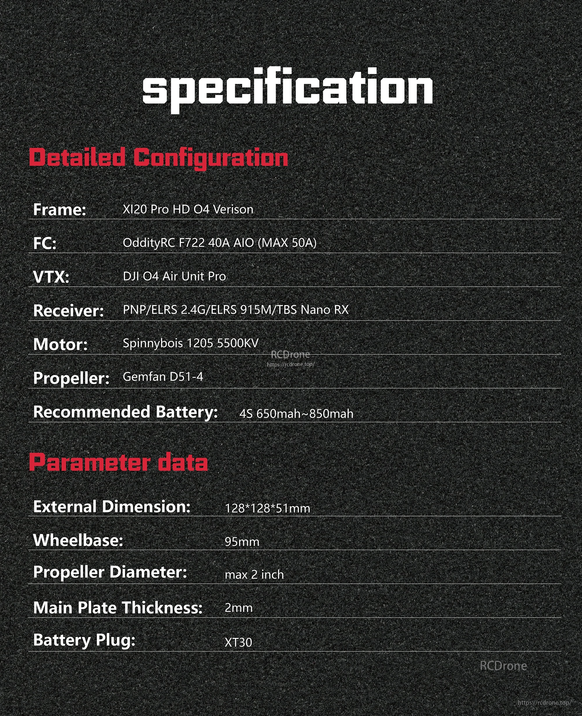 Specification chart for OddityRC XI20 Pro HD O4 Pro Version 4S 2-inch cinewhoop (O4 Air Unit Pro not included)