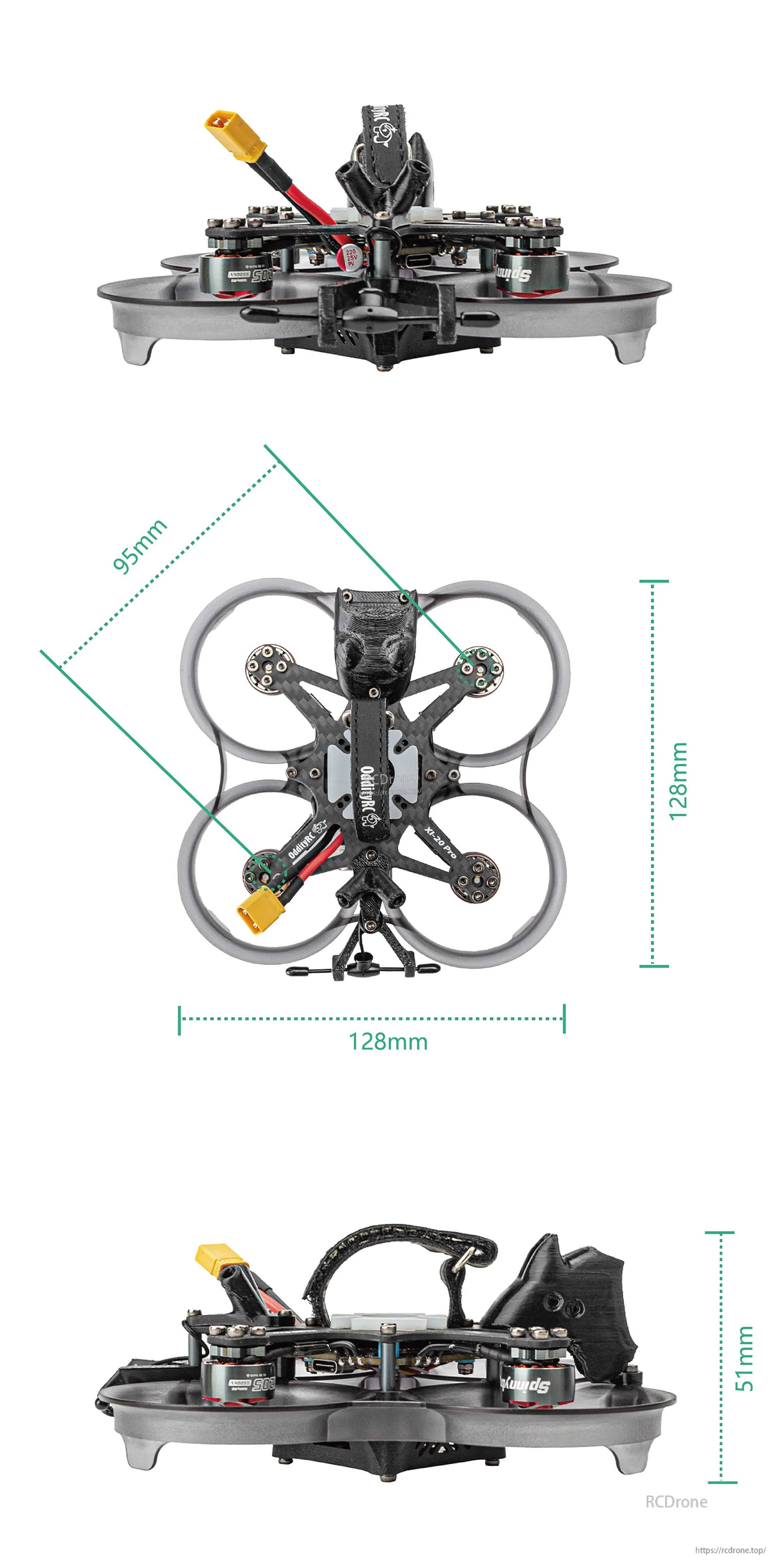 Dimension graphic of the XI20 Pro HD O4 Pro Version frame showing 95 mm wheelbase and 128×128×51 mm size