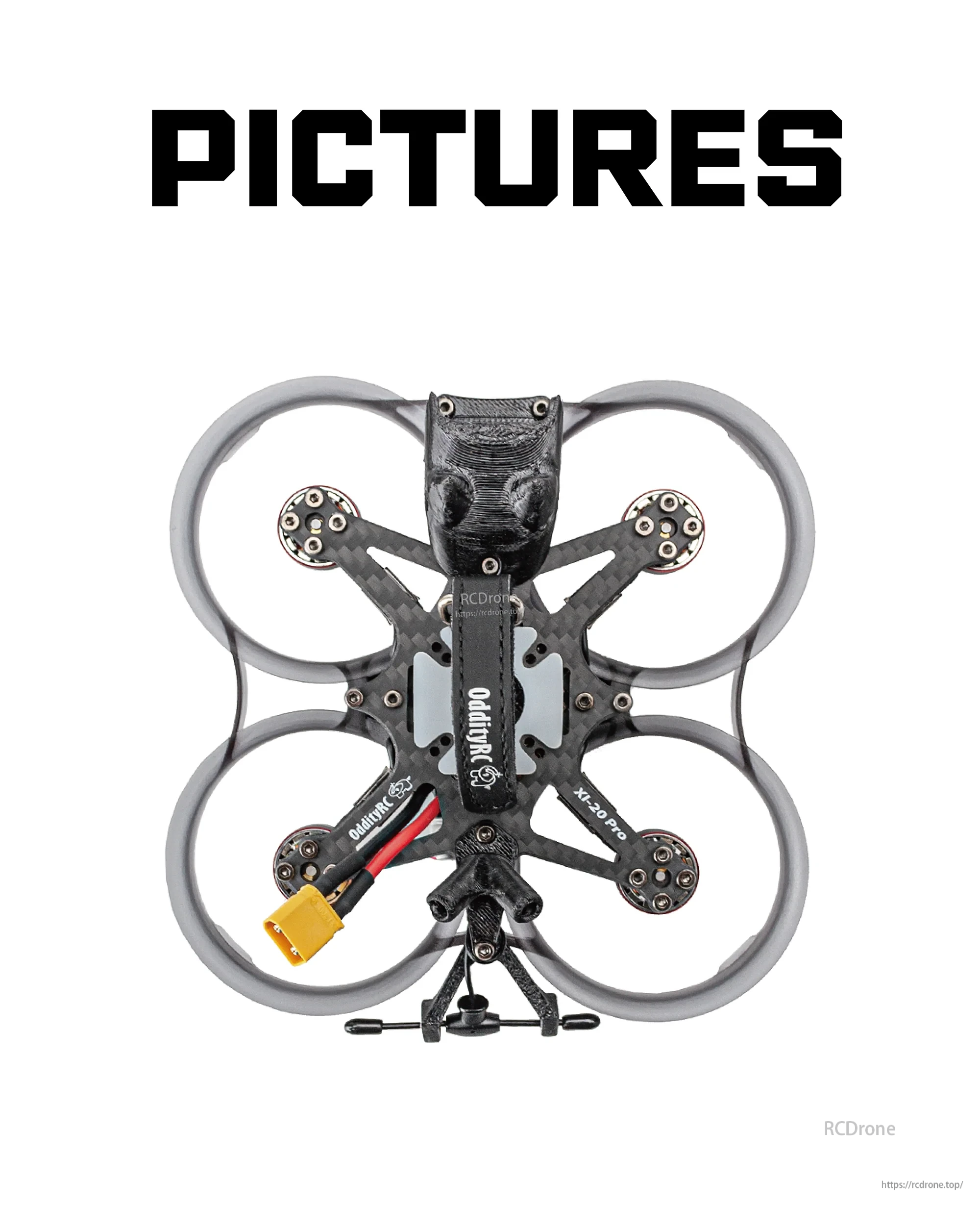 Top-down view of XI20 Pro HD O4 Pro Version 4S cinewhoop frame with ducted prop guards and XT30 lead
