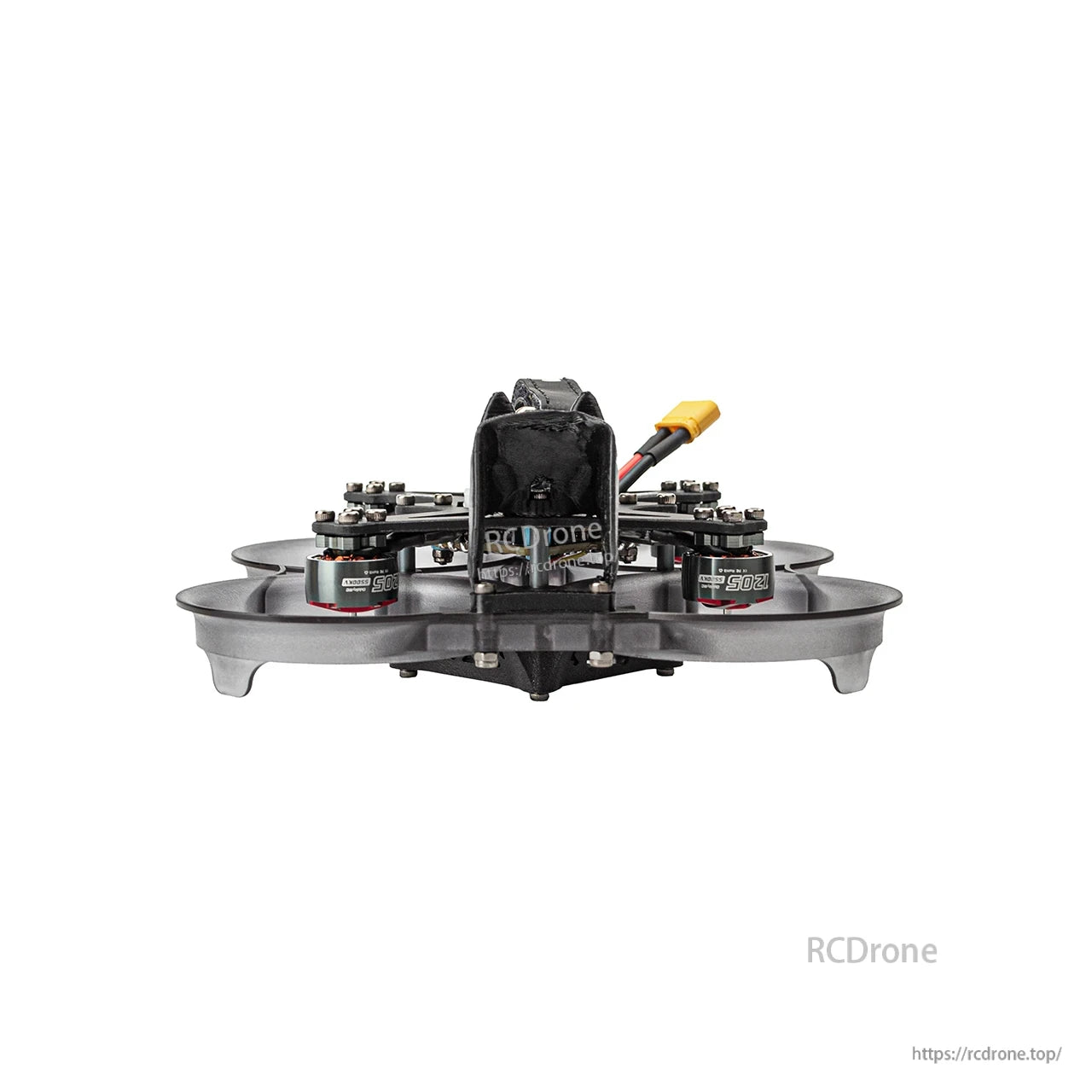 Front view of OddityRC XI20 Pro 4S 2-inch cinewhoop frame with battery strap and ducted guards