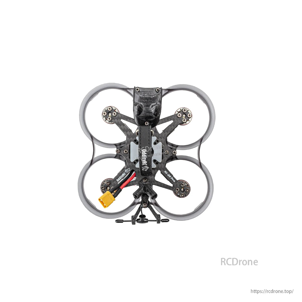 Bottom view of ducted cinewhoop frame showing carbon plate layout, motor mounts, and landing feet