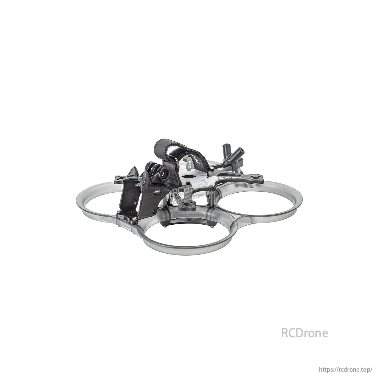 Low side angle of ducted FPV frame showing battery strap and canopy position