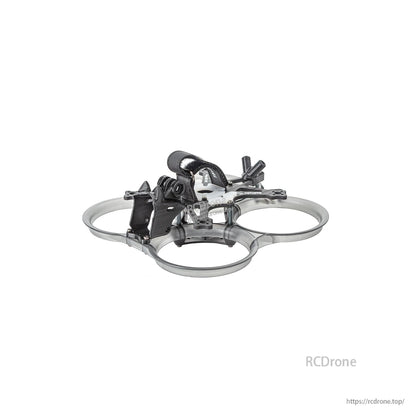 Low side angle of ducted FPV frame showing battery strap and canopy position