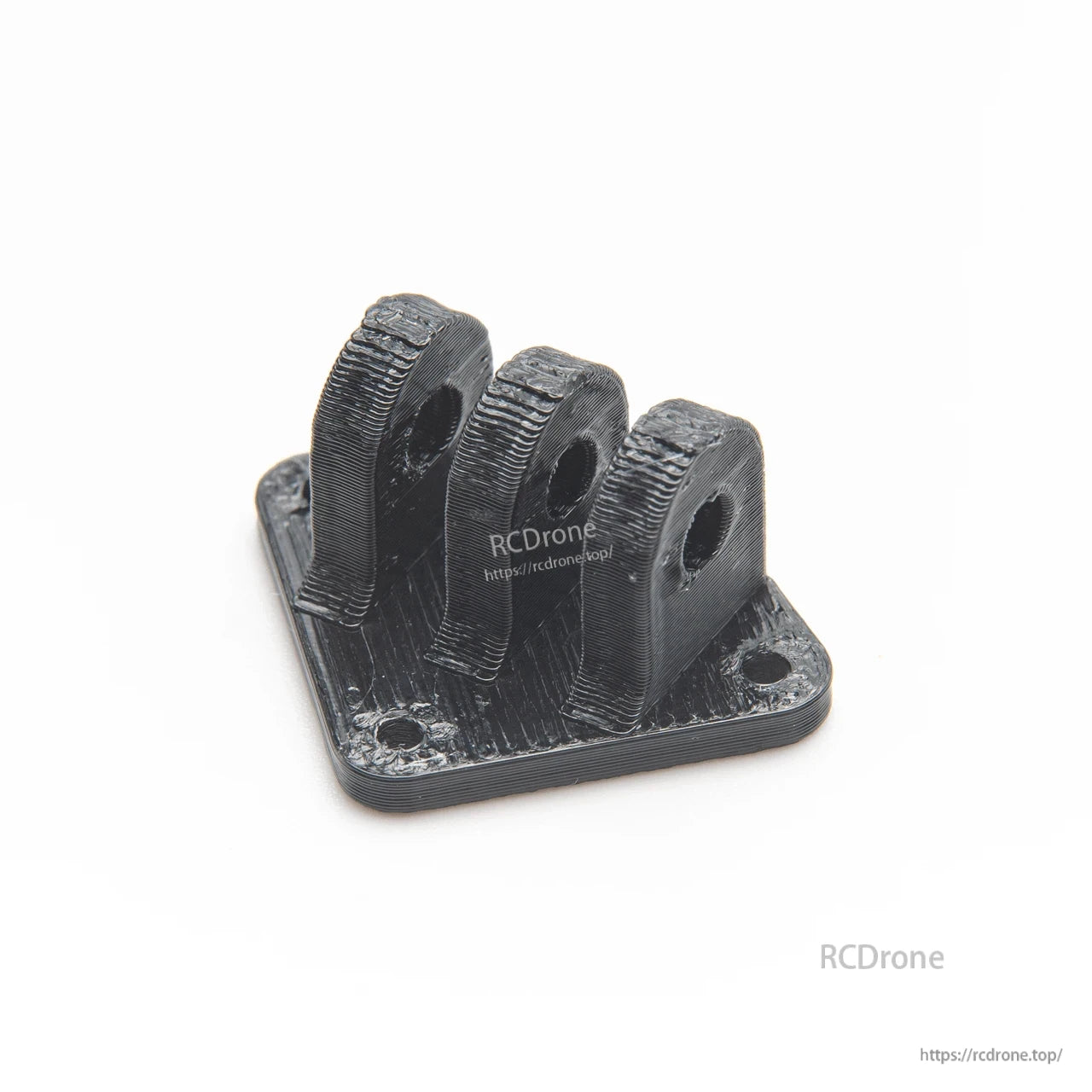 Angle view of 3D-printed triple-loop mounting bracket with screw-hole base