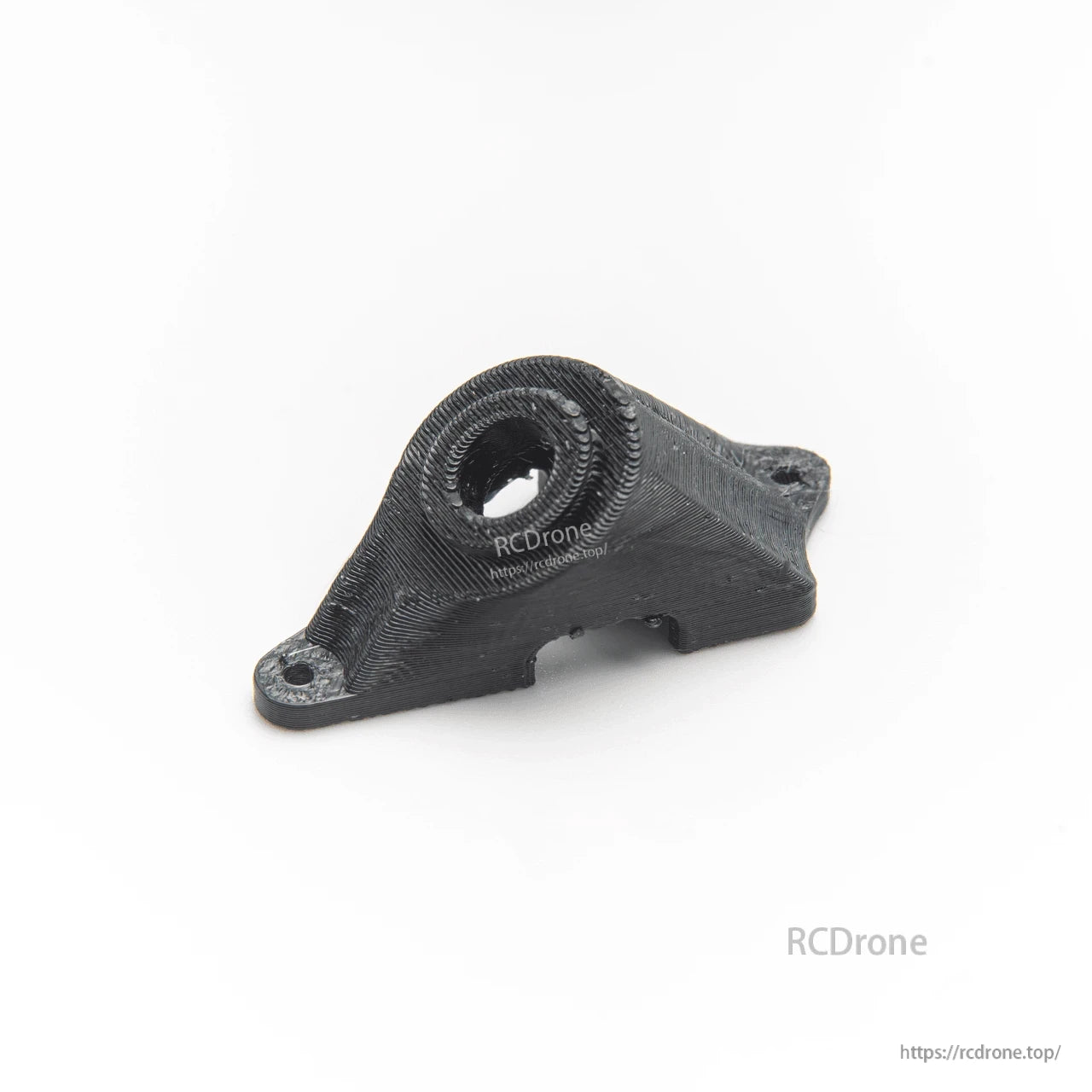 3D-printed black mount bracket with angled top and two screw holes