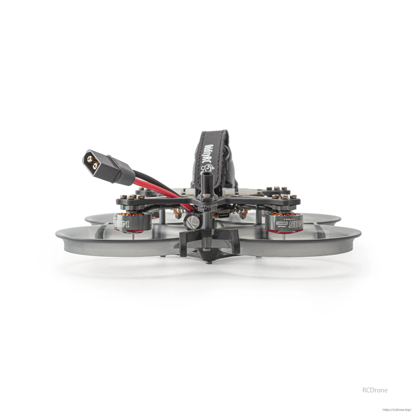 Rear view showing battery strap on top plate, motor layout, and pigtail exiting the frame