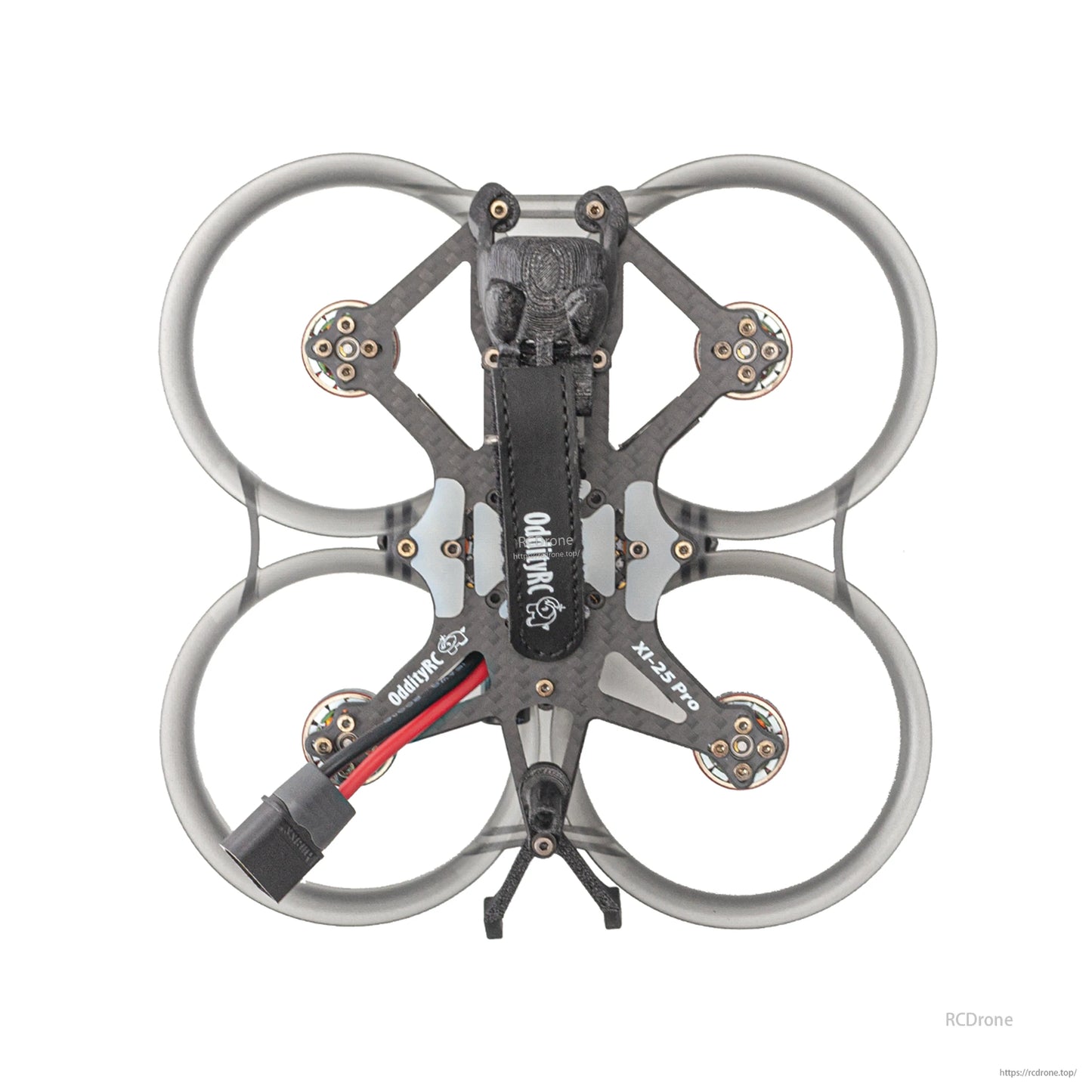 Top-down view of ducted frame showing motor mounts, battery strap, and compact 2.5-inch prop guards