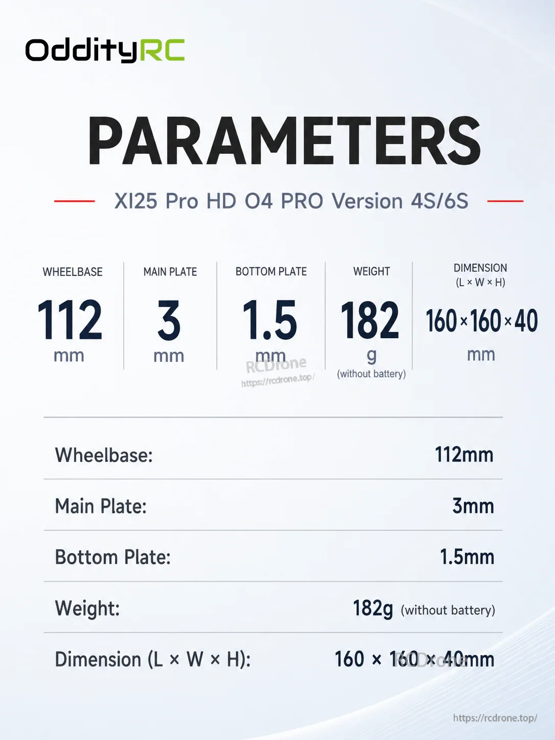 XI25 Pro HD O4 PRO Version parameters card: 112mm wheelbase, 182g weight (no battery), 160×160×40mm size