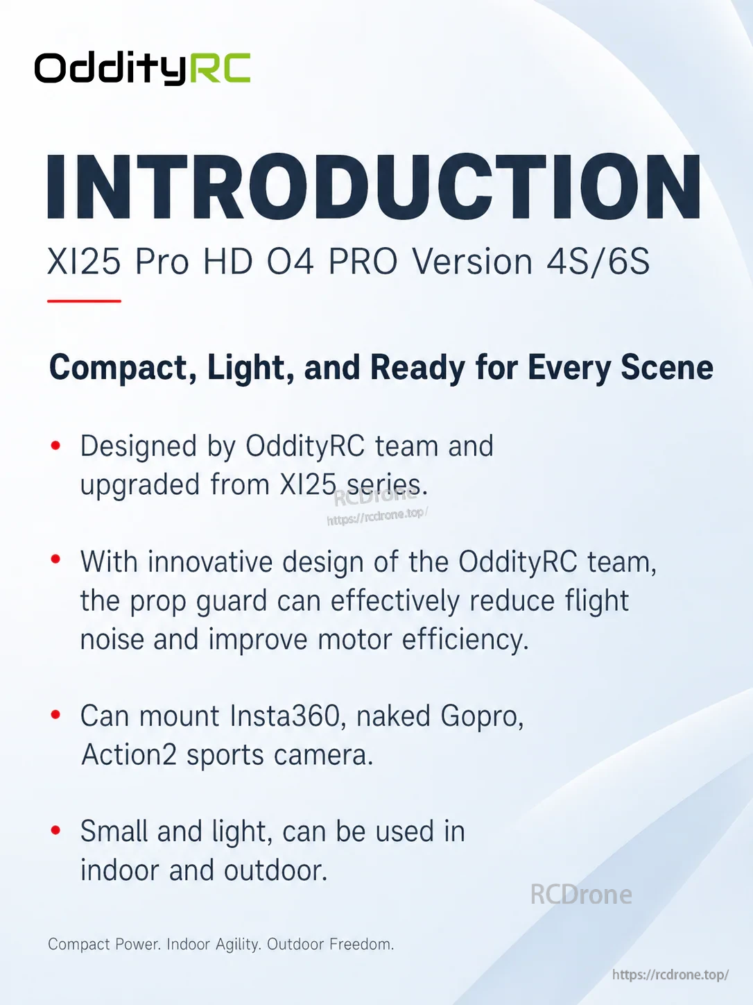 OddityRC XI25 Pro HD O4 PRO Version overview card highlighting compact design, prop-guard efficiency, and camera mounts