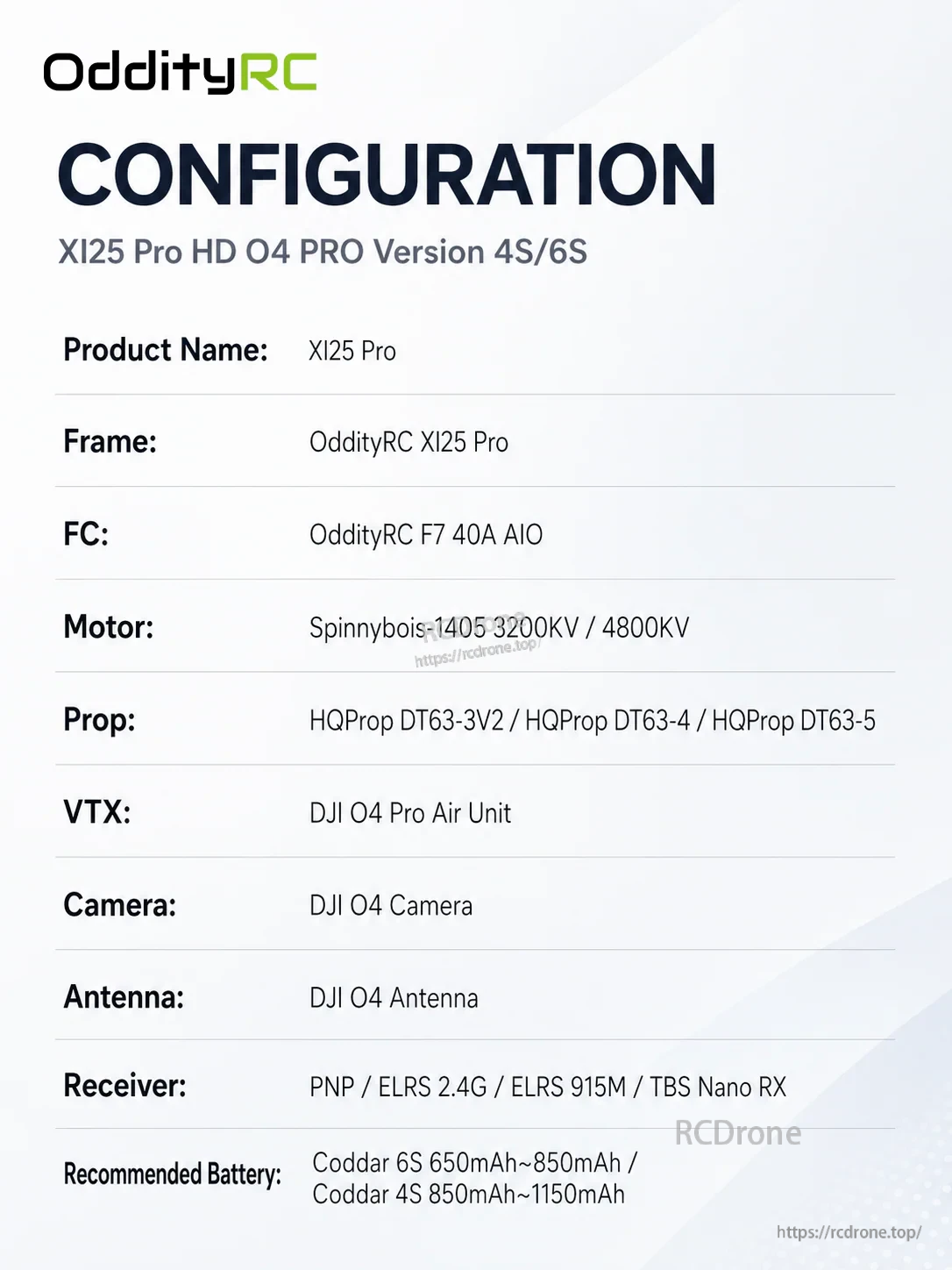 XI25 Pro HD O4 PRO Version configuration list with F7 40A AIO FC, 1405 motors, DJI O4 Pro Air Unit, receiver options