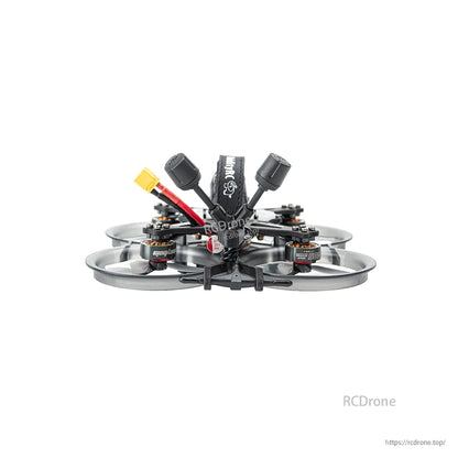 Rear view of ducted FPV drone with dual antennas and XT30 battery lead connector