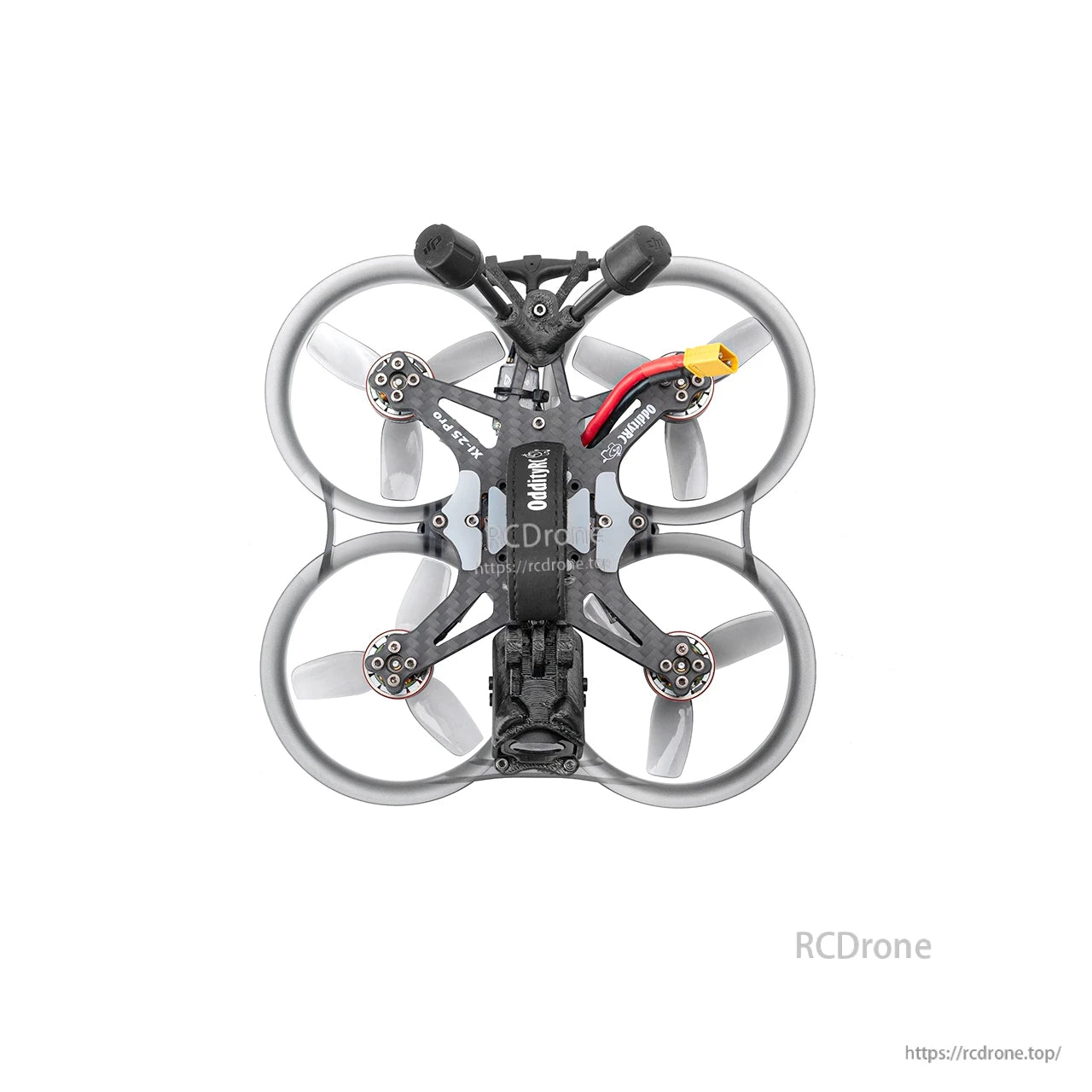 Top-down view showing four ducted props, carbon frame layout, and battery lead routing