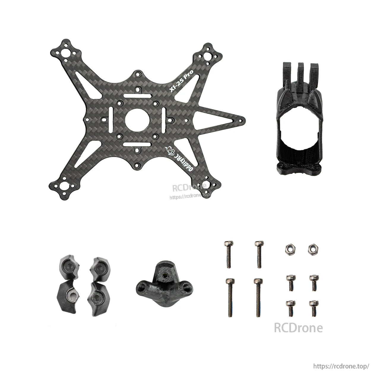 XI25 Pro carbon fiber main plate with camera mount and hardware set, top-down view (watermarked)