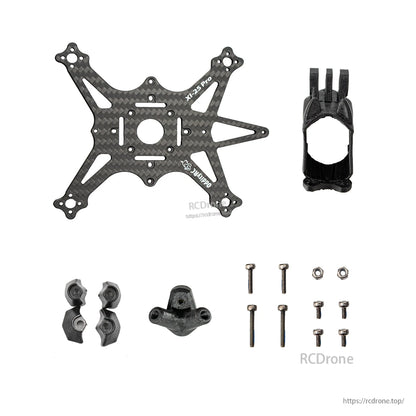 XI25 Pro carbon fiber main plate with camera mount and hardware set, top-down view (watermarked)