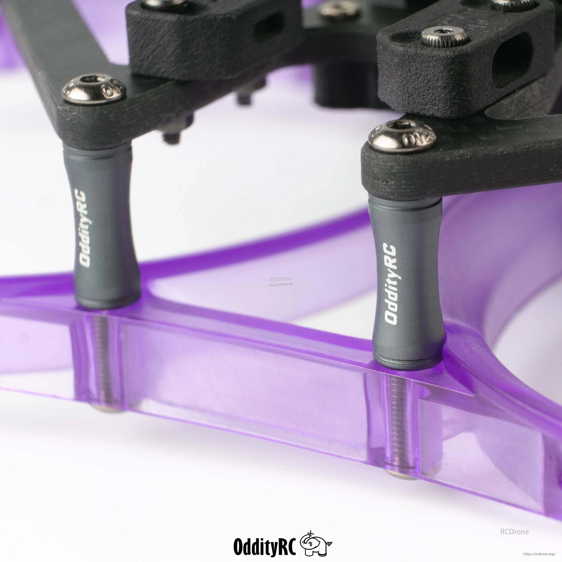 Close-up of OddityRC standoffs and hardware mounting into purple prop guard ring