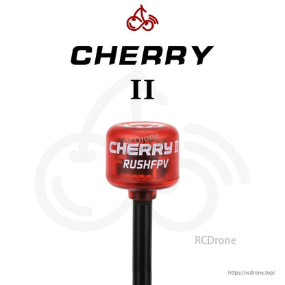 RushFPV CHERRY II red FPV antenna on black stem, product graphic on white background