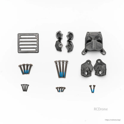 XI35 Pro O3 mounting kit full contents layout with canopy, antenna mounts, vent plate and M1.6 screws
