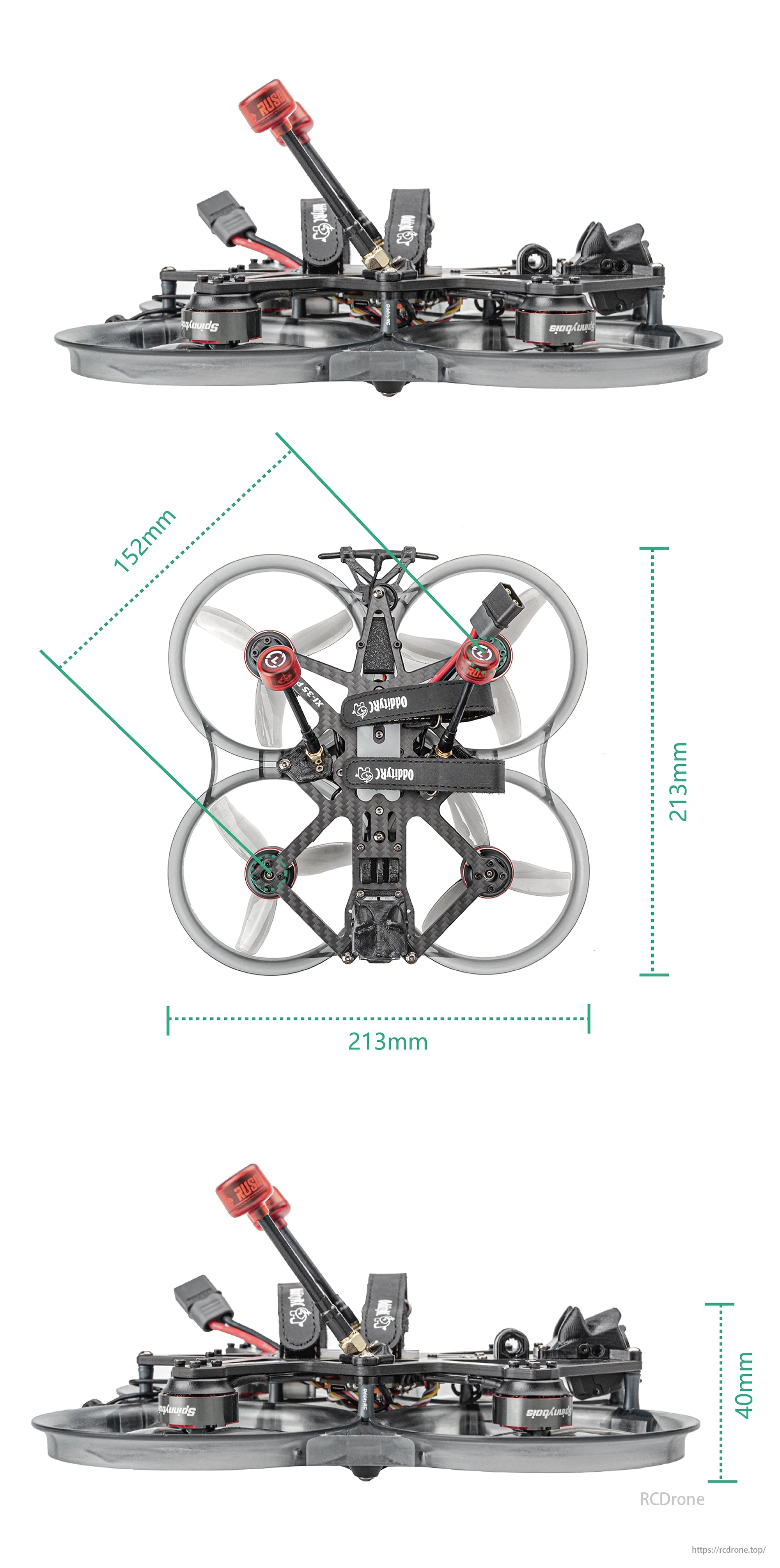 OddityRC XI35 Pro FPV Drone: 213mm wide, 152mm diagonal, 40mm high, four rotors, compact and agile.
