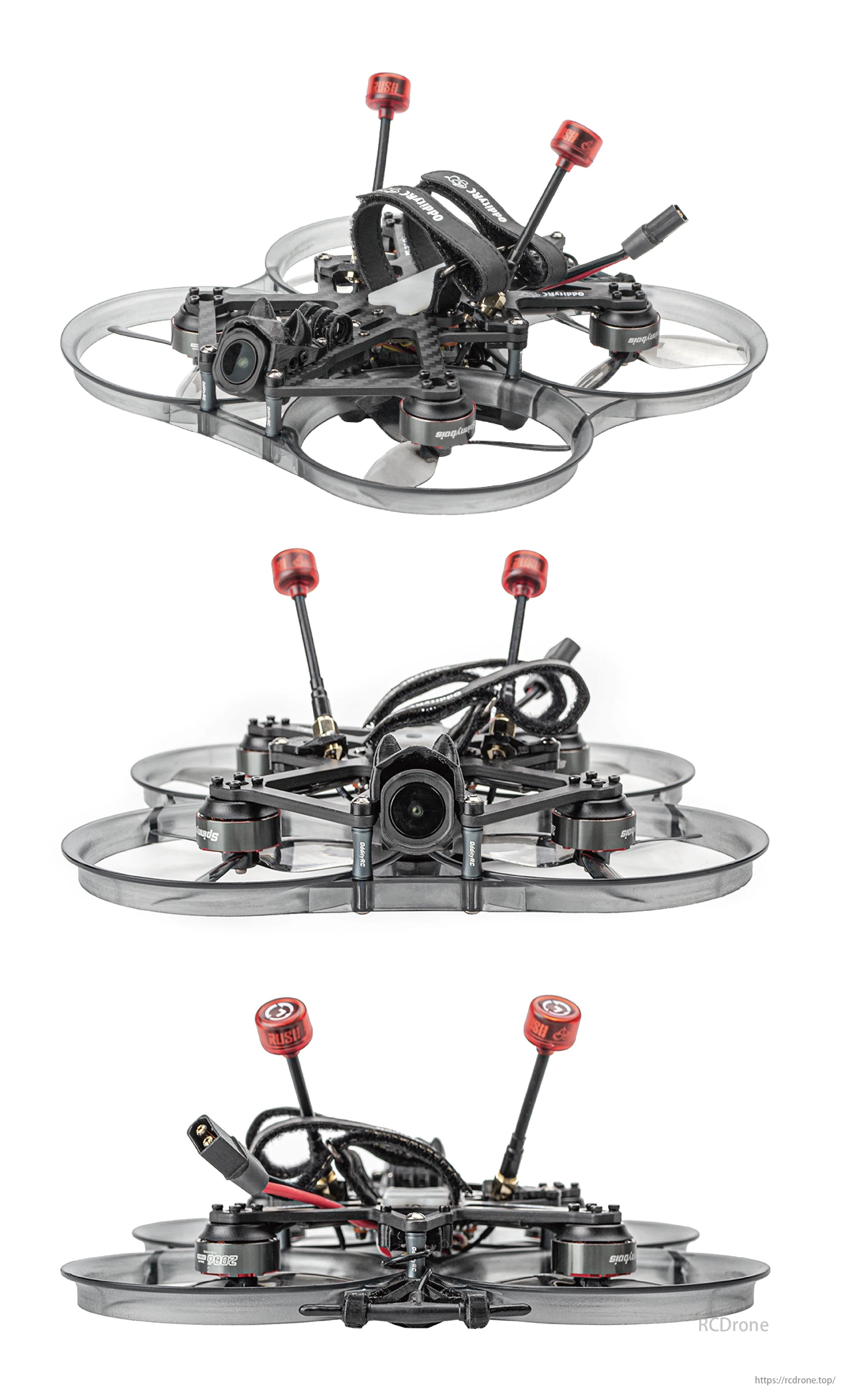 OddityRC XI35 Pro FPV Drone features transparent propellers, red-tipped antennas, and complex wiring.