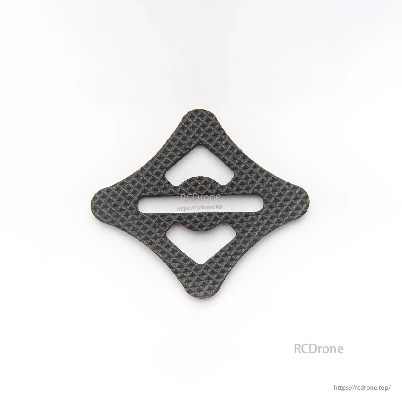 Textured carbon fiber plate with long center slot and triangular cutouts, top view