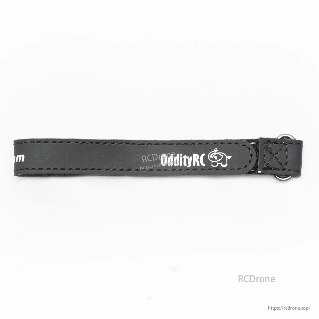 Close-up of OddityRC logo on black battery strap with metal buckle end