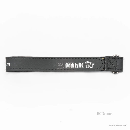 OddityRC branded black battery strap with stitched edge and metal buckle, side view