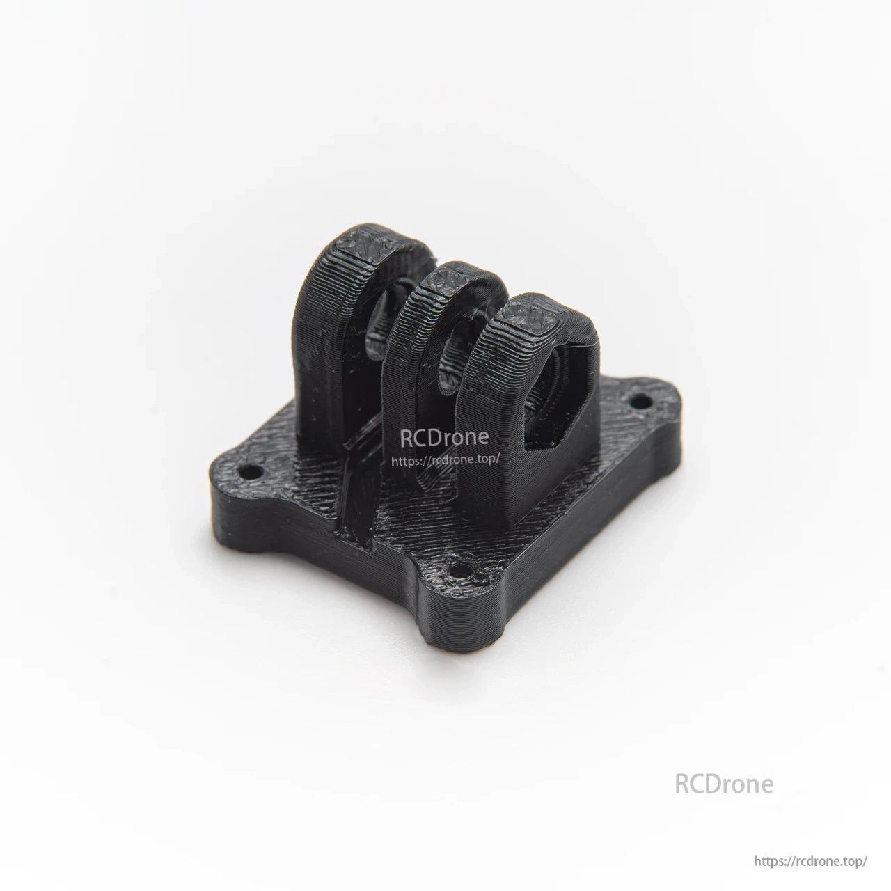 Black 3D-printed mounting base with two upright loops and four corner screw holes
