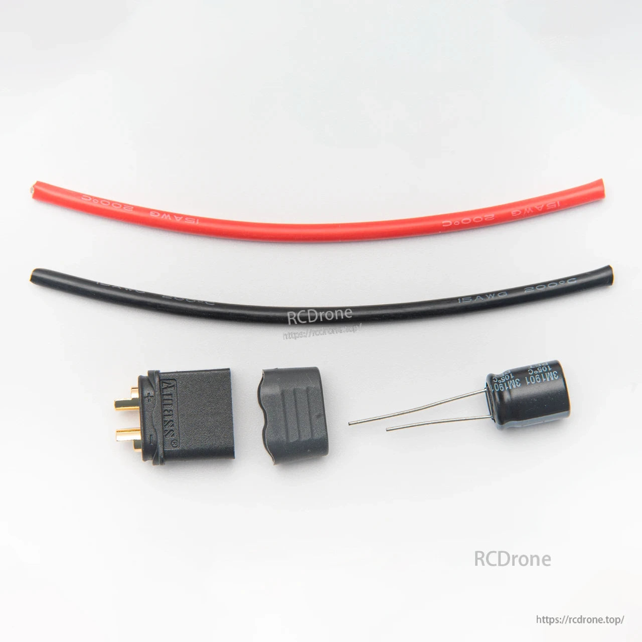 XT30-style connector kit with red/black power wire and electrolytic capacitor