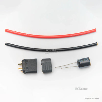 XT30-style connector kit with red/black power wire and electrolytic capacitor