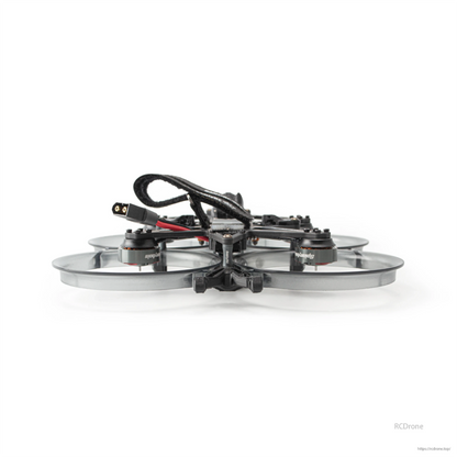 Front view of ducted cinewhoop drone showing frame standoffs, motor pods, and wiring loop