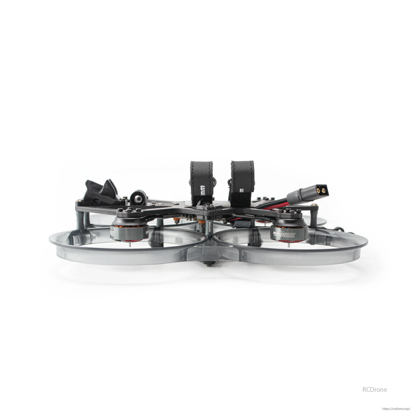 OddityRC XI35 Pro HD O3 Version 6S cinewhoop FPV, side view showing battery straps and XT60 lead