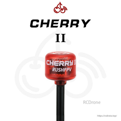 Cherry II FPV antenna close-up, red cap on black stem with CHERRY II branding