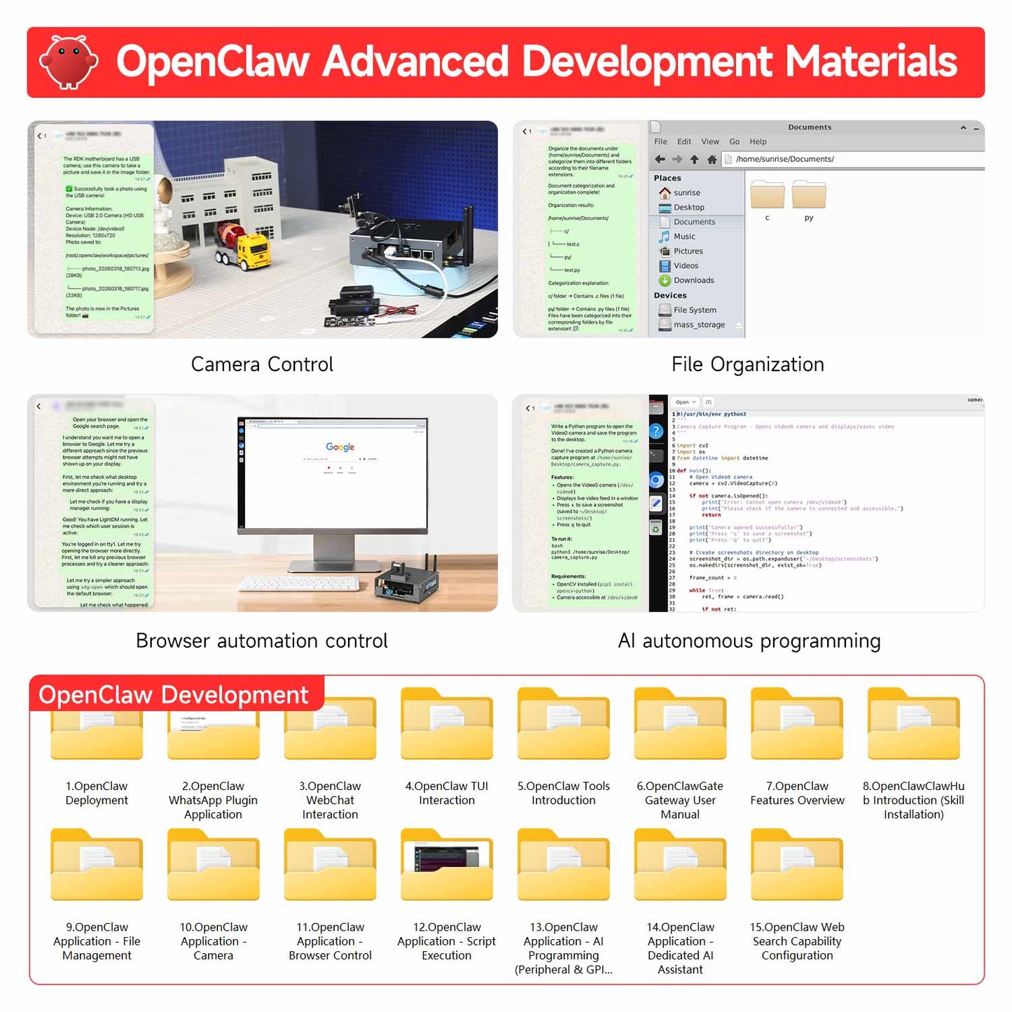 OpenClaw advanced development materials graphic with camera control, file organization, and AI programming
