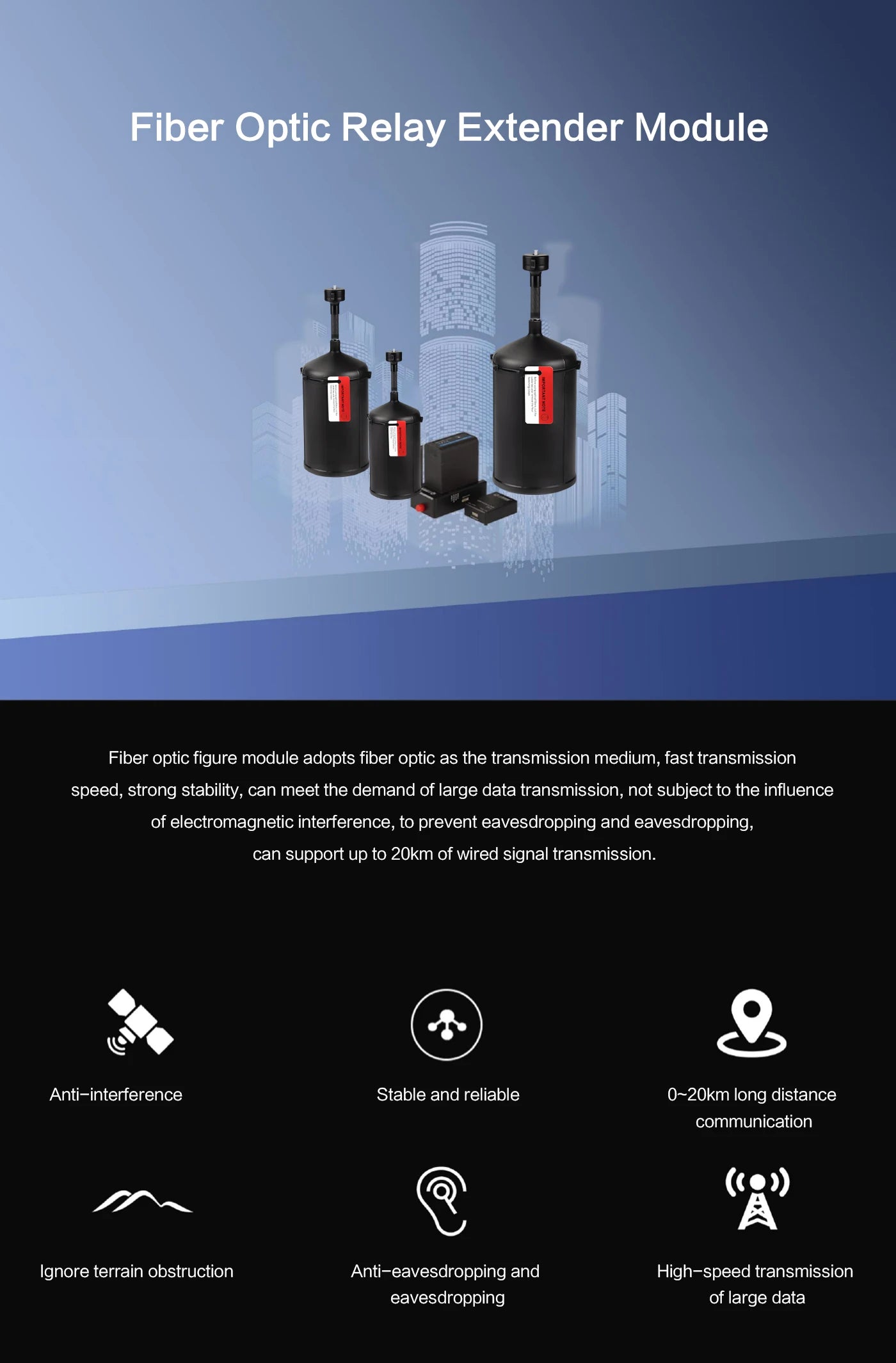 Optical Fiber FPV Extender, The Fiber Optic Relay Extender Module offers fast transmission speed, stability, and security for large data demands.