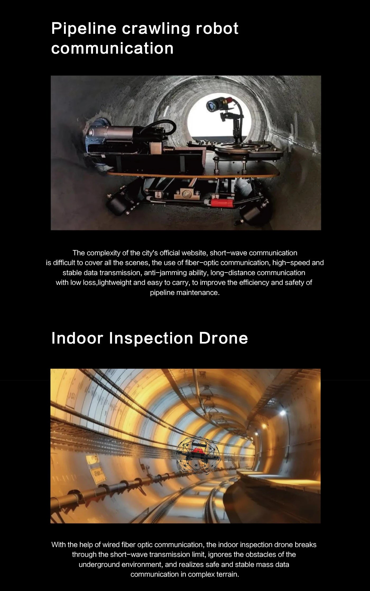 Optical Fiber FPV Extender. The Pipeline Crawling Robot Communication System uses optical fibers for high-speed. stable. and anti-jamming data transmission over long distances.