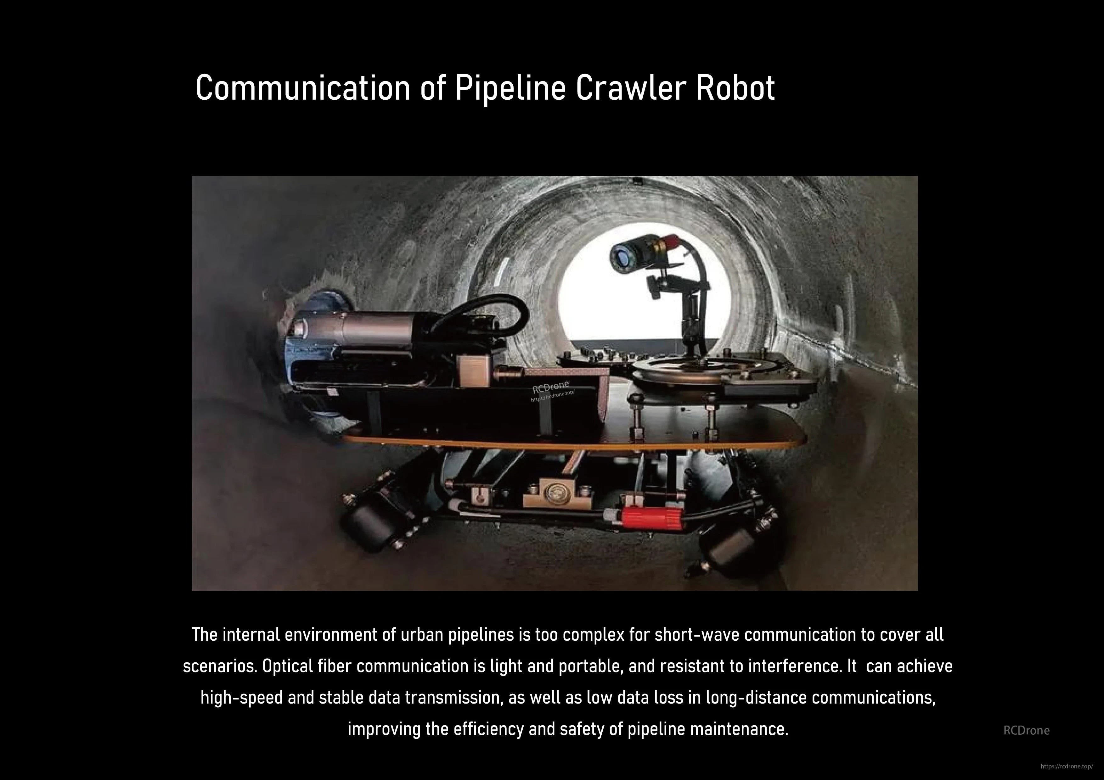 OpticalLink GBD, A pipeline crawler robot uses optical fiber for fast, stable, low-loss data transmission, enhancing maintenance efficiency and safety in complex urban pipelines. (24 words)