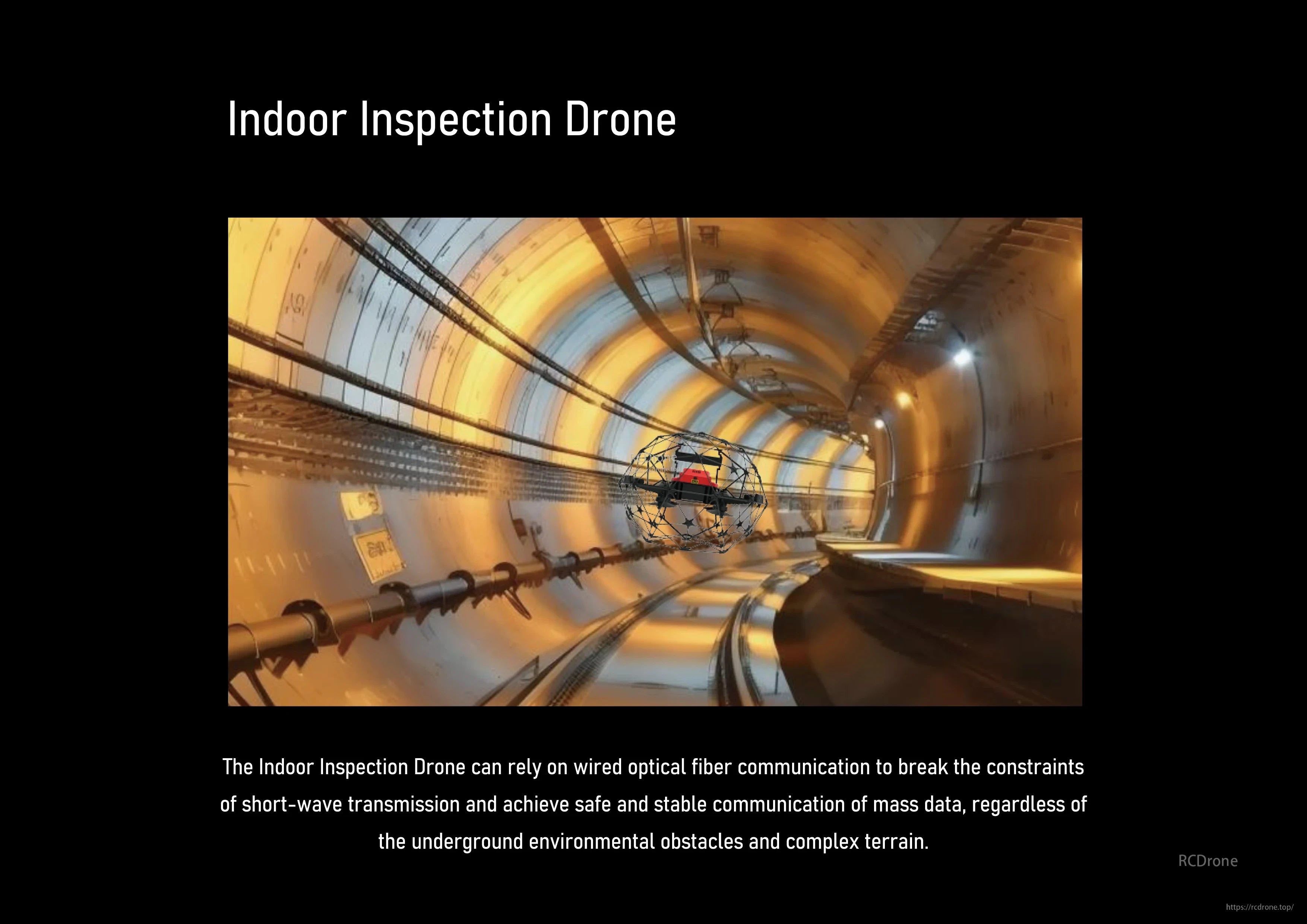 OpticalLink GBD, Indoor Inspection Drone uses optical fiber for stable data transmission in complex underground settings. (19 words)