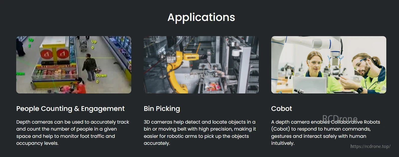Orbbec Astra Mini Pro 3D Camera, Depth cameras enable people counting, precise bin picking, and safe human-cobot interaction, enhancing automation, safety, and efficiency in diverse applications. (24 words)