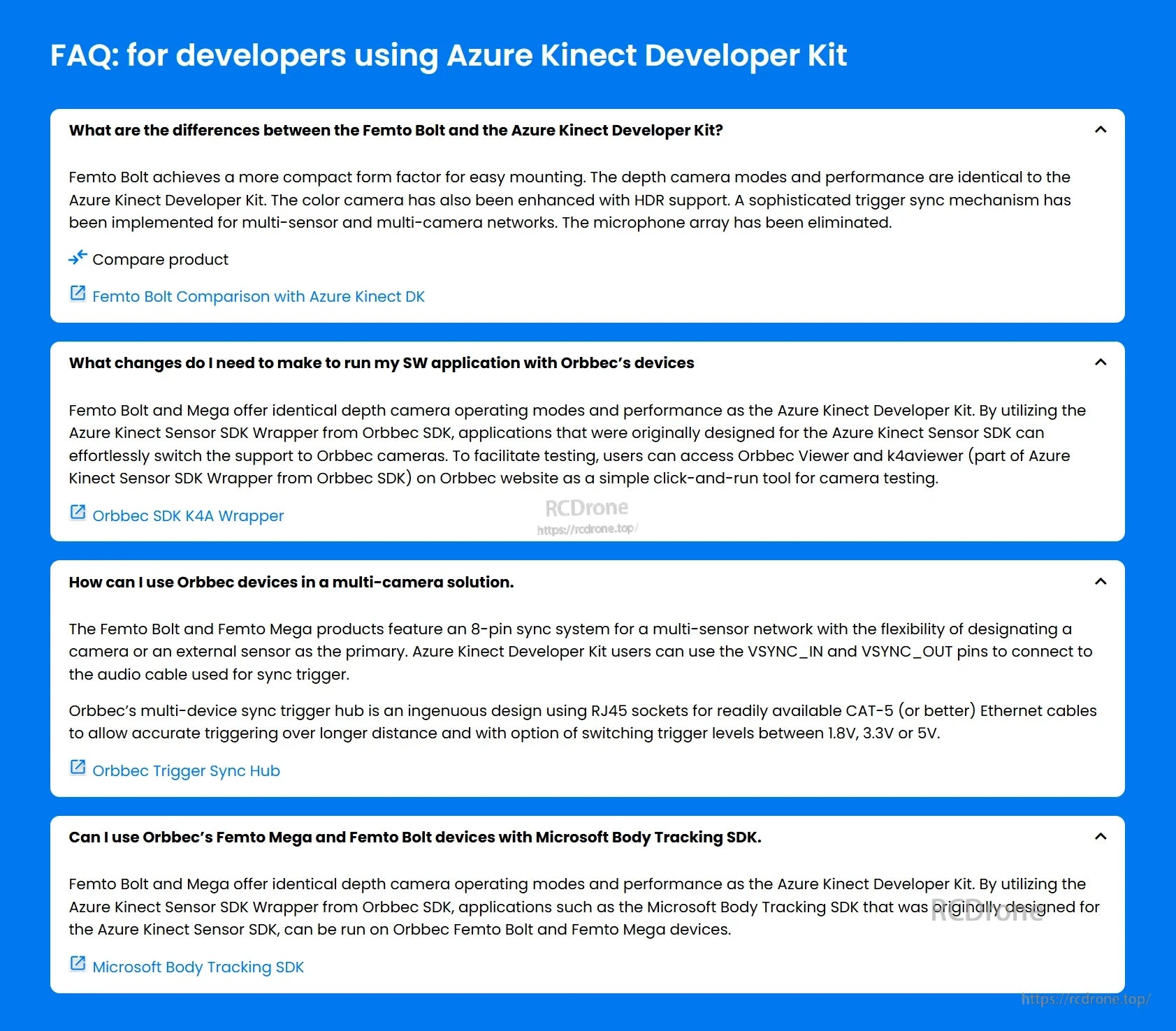 Orbbec Femto Bolt 3D Depth Camera, Azure Kinect FAQ addresses Femto Bolt differences, SDK compatibility, multi-camera sync, and Orbbec support for Microsoft Body Tracking SDK.