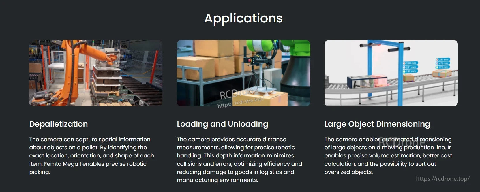 Orbbec Femto Mega I Depth Camera, Enables precise robotic picking, accurate measurements, and automated volume estimation for depalletization, loading, unloading, and large object dimensioning on production lines. (24 words)