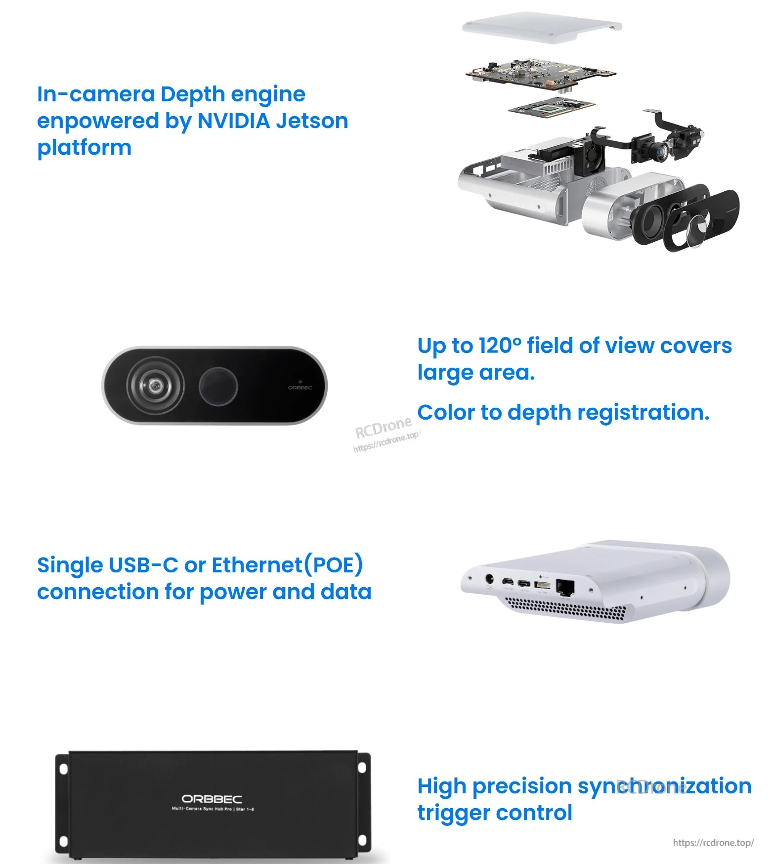 Orbbec Femto Mega iToF 3D Depth Camera, The Orbbec Femto Mega iToF 3D camera features an NVIDIA Jetson depth engine, 120° FOV, color-to-depth registration, USB-C/POE, and high-precision synchronization. (24 words)