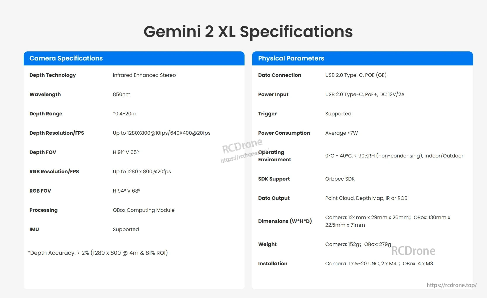 Orbbec Gemini 2 XL PoE RGB‑D 3D Camera, Orbbec Gemini 2 XL features infrared-enhanced stereo depth (0.4–20m), 1280x800@10fps depth, RGB@20fps, USB-C, PoE, 12V power, weighs 152g, includes SDK with point cloud, depth, IR, and RGB output.