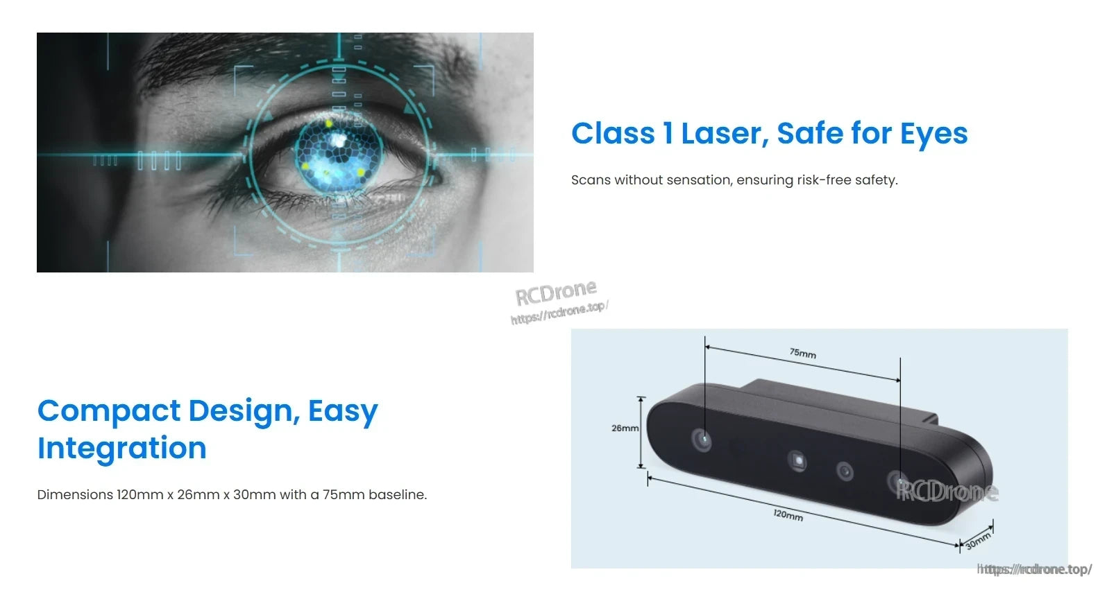 Orbbec Gemini 215 Stereo Vision Camera, Eye-safe Class 1 laser scanner with compact 120mm x 26mm x 30mm design, 75mm baseline, ideal for easy integration.