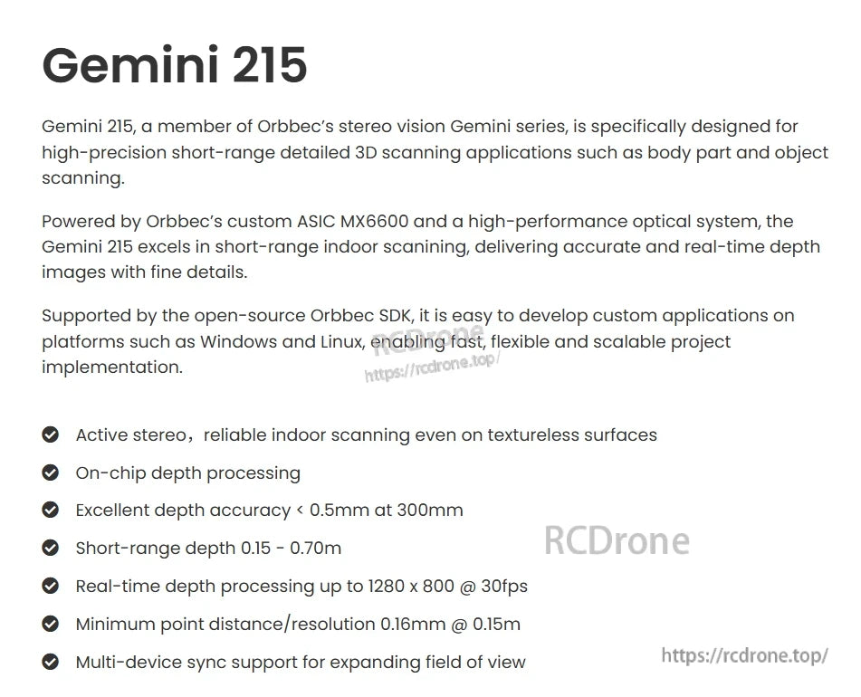 The Orbbec Gemini 215 stereo vision camera is designed for high-precision short-range detailed 3D scanning applications.
