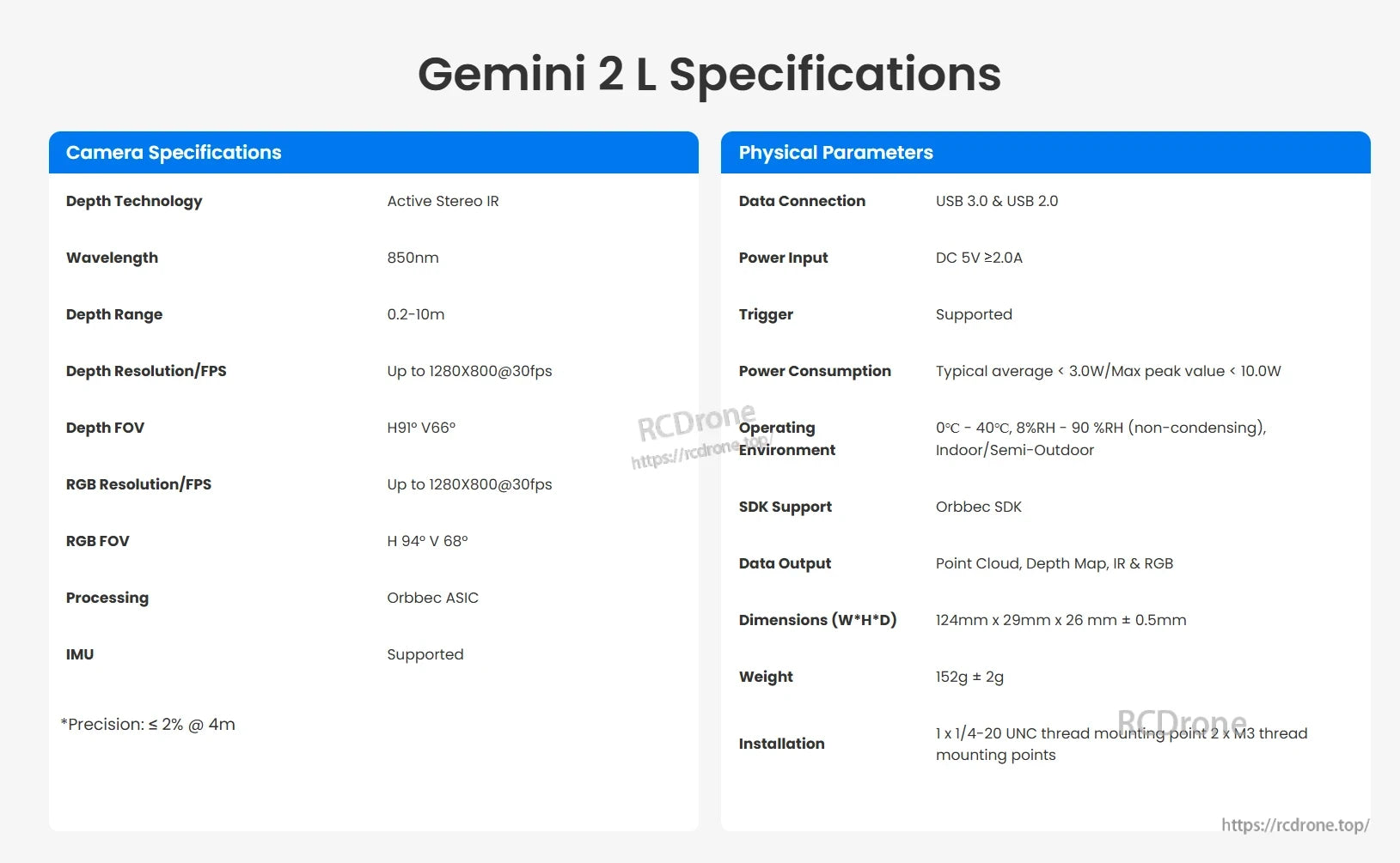 Orbbec Gemini 2L 3D Camera, Orbbec Gemini 2L: 3D camera with Active Stereo IR, 0.2–10m range, 1280x800@30fps, H91°×V66° FOV, IMU, USB 3.0/2.0, 5V, 152g, 124×29×26mm.
