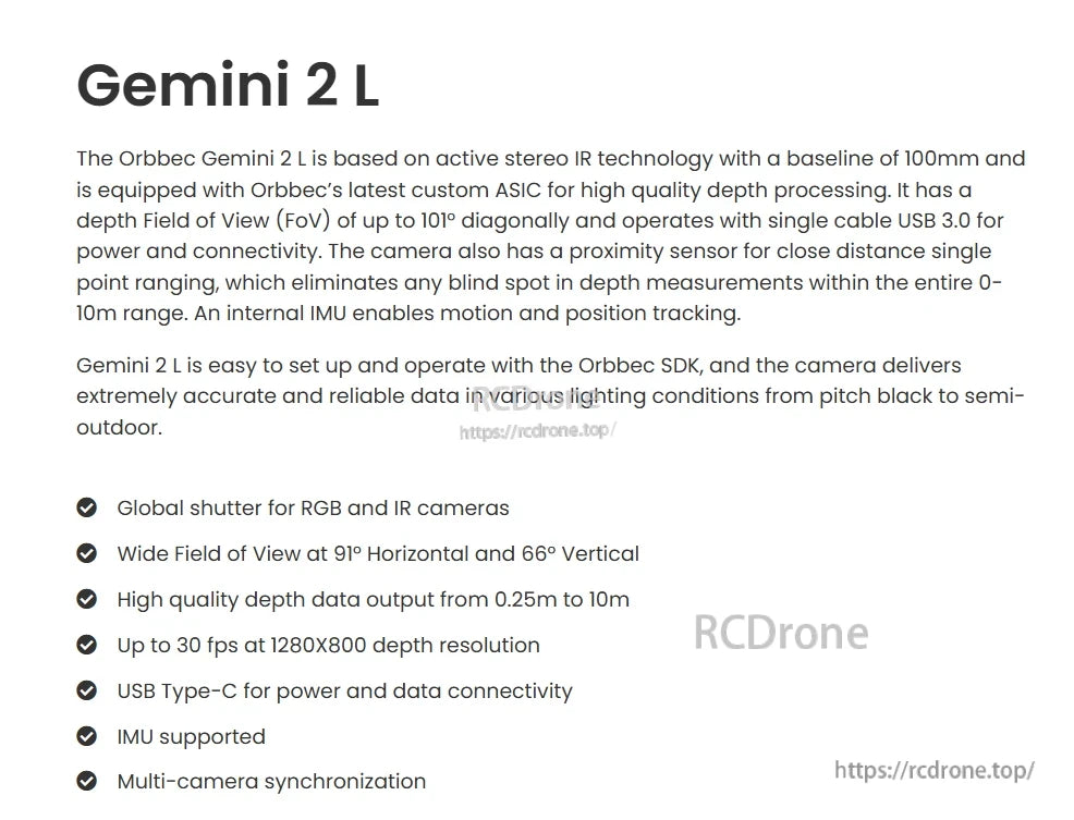 Orbbec Gemini 2L 3D Camera, Orbbec Gemini 2L features active stereo IR, 100mm baseline, custom ASIC, 101° FoV, 30fps at 1280x800, USB-C, IMU, proximity sensor, global shutter, wide FoV, high depth accuracy, and multi-camera sync via USB 3.0.