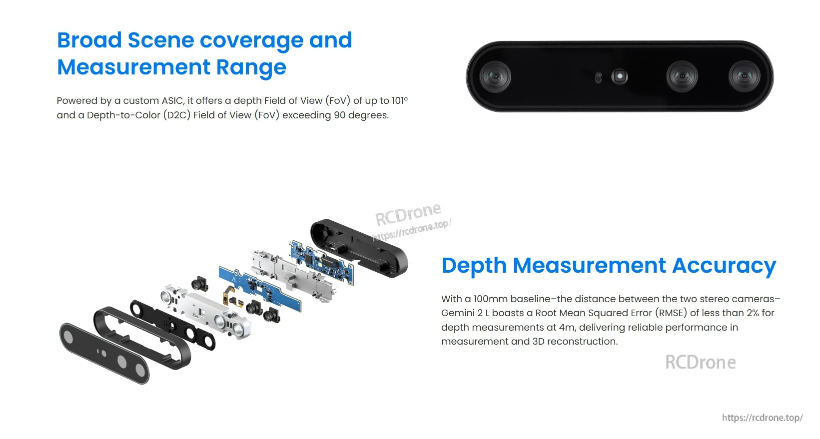 The Orbbec Gemini 2L 3D Camera offers wide FoV, high depth accuracy (<2% RMSE at 4m), and reliable 3D reconstruction with a 100mm stereo baseline.