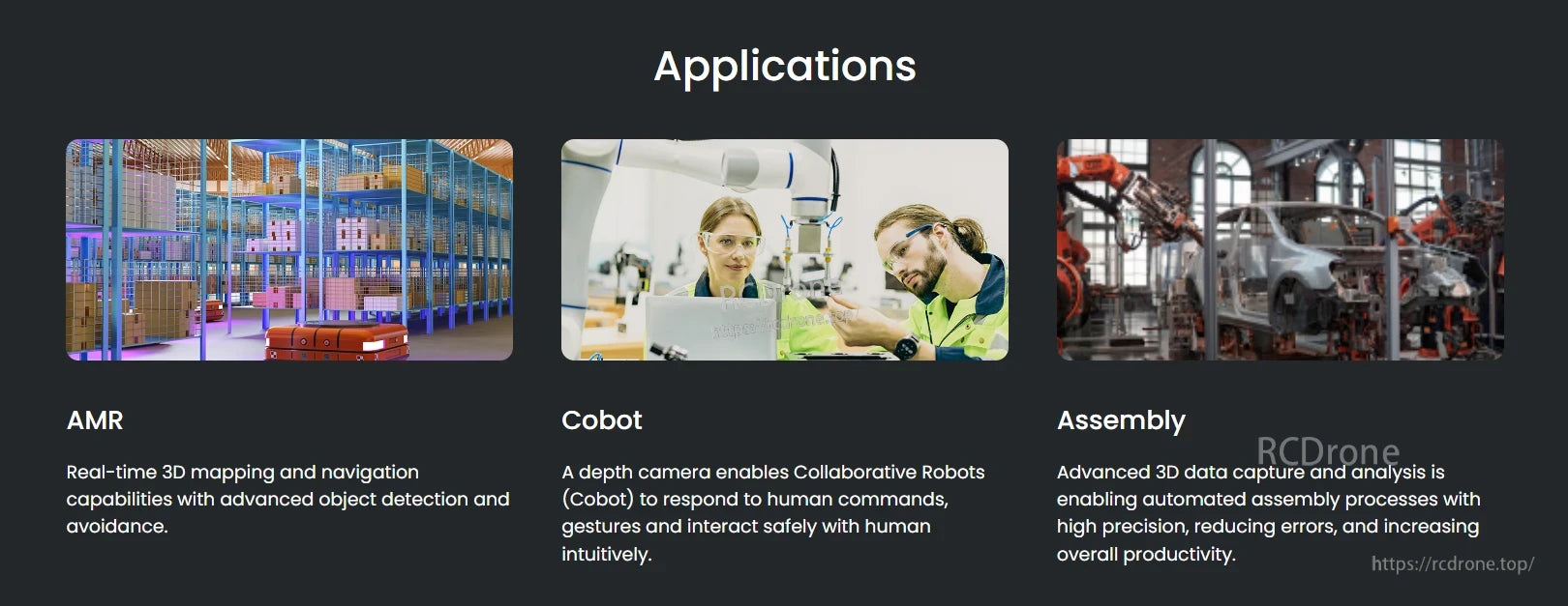 Orbbec Gemini 2L 3D Camera, AMR, Cobot, and Assembly applications use advanced 3D data for mapping, navigation, human-robot interaction, and precise automation.